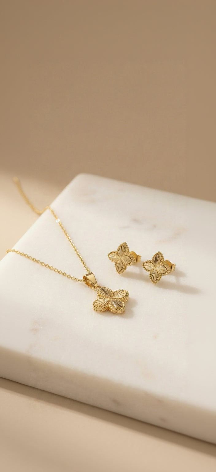 ensemble collier boucle d oreilles doré acier inoxydable fleur pointue