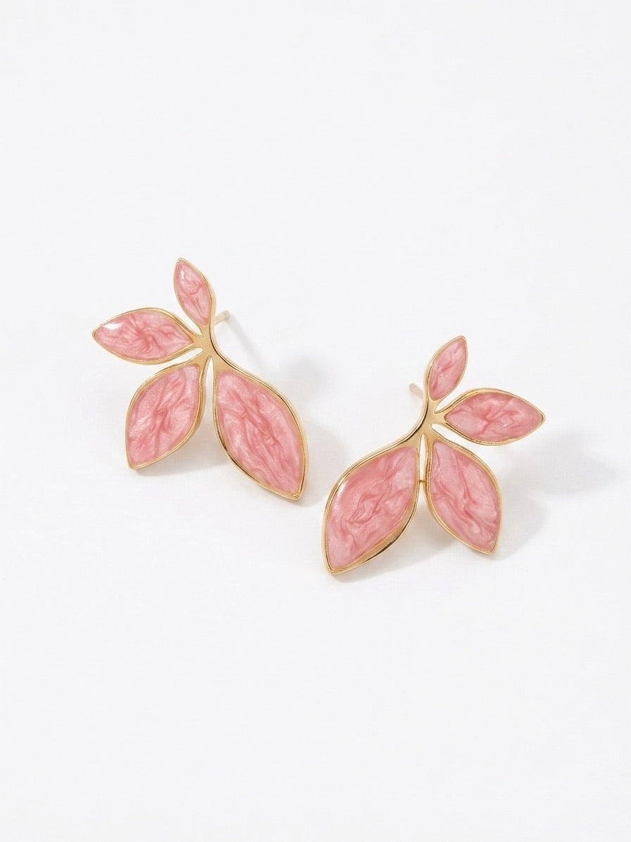 Boucles d'oreilles en acier inoxydable doré et coloris rose sous forme de mi-fleur