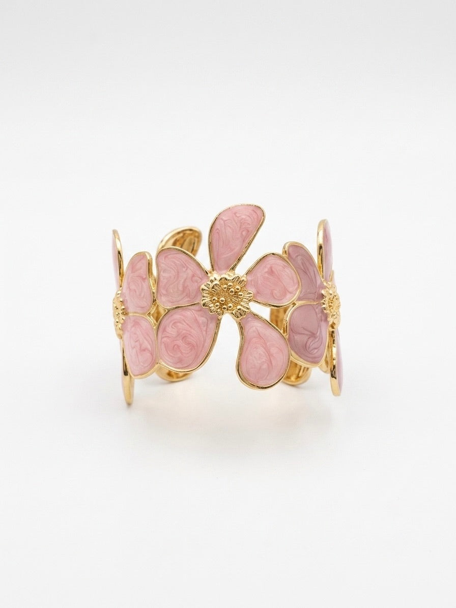 bracelet manchette doré à fleurs émaillées rose en acier inoxydable