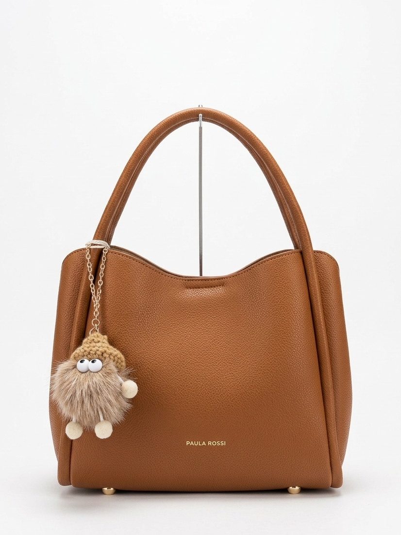 Sac couleur tabac moyen au charm sous forme de peluche rigolote, de la marque paula rossi