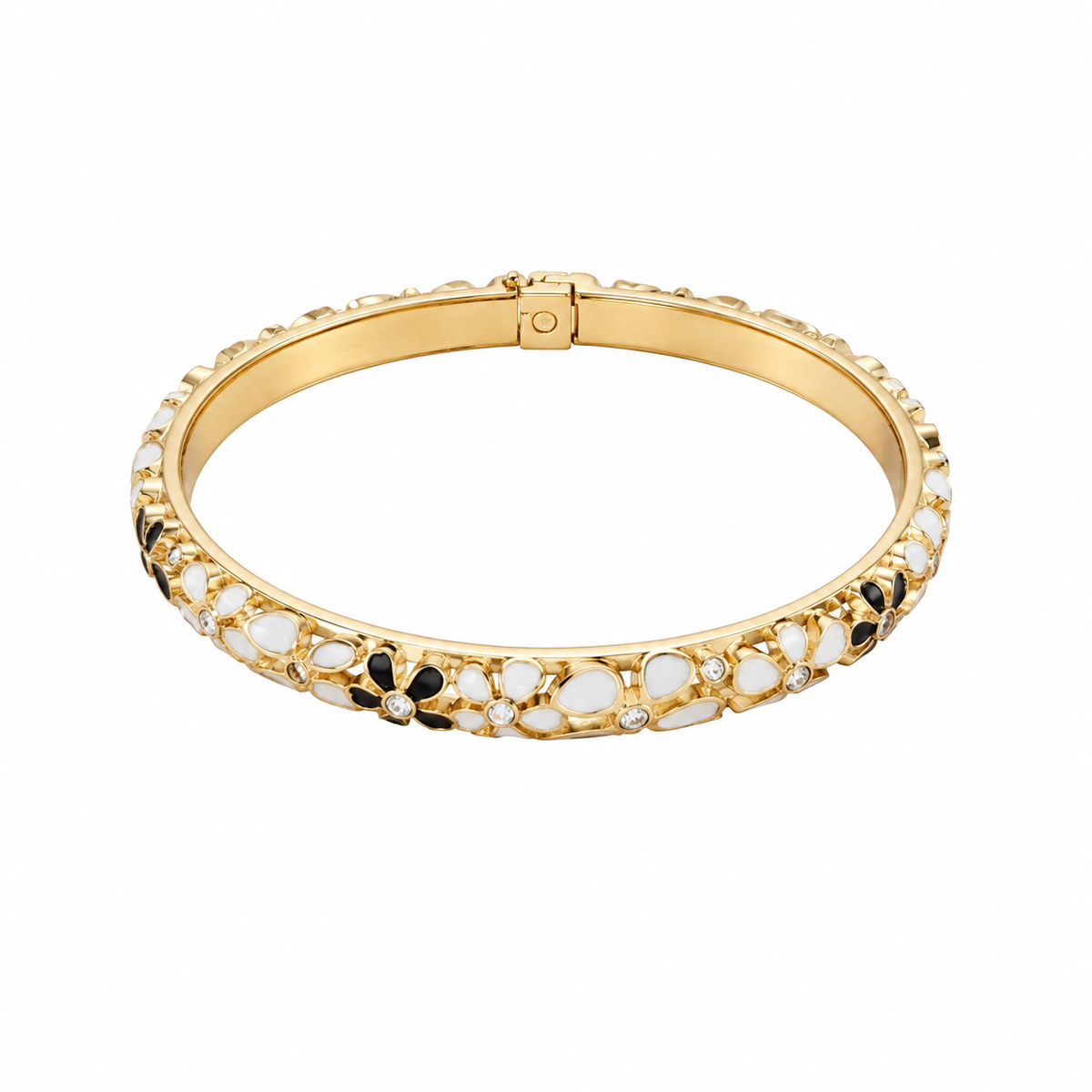 Bracelet en acier inoxydable doré orné de fleurs blanches et noires