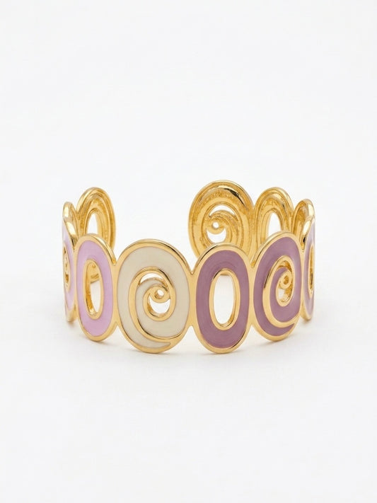 Bracelet en acier inoxydable doré avec des formes ovales blanches, violettes et mauves 