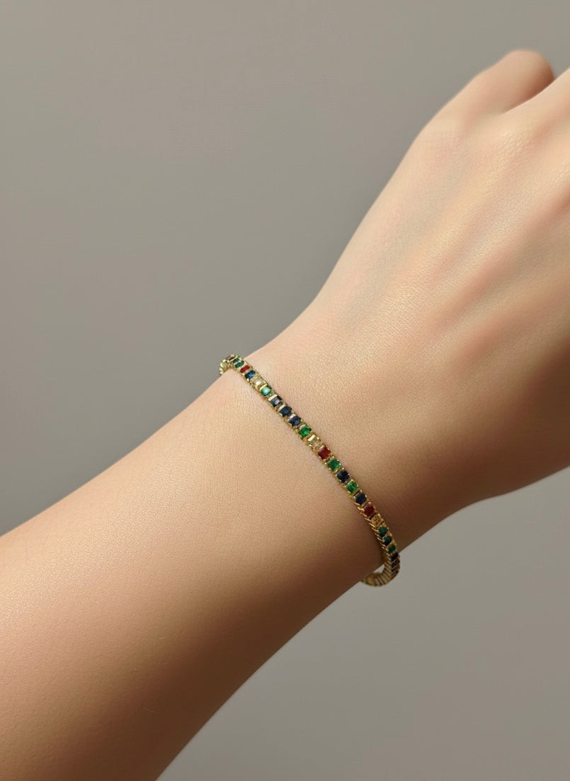 bracelet riviere classique arc en ciel en acier inoxydable doré