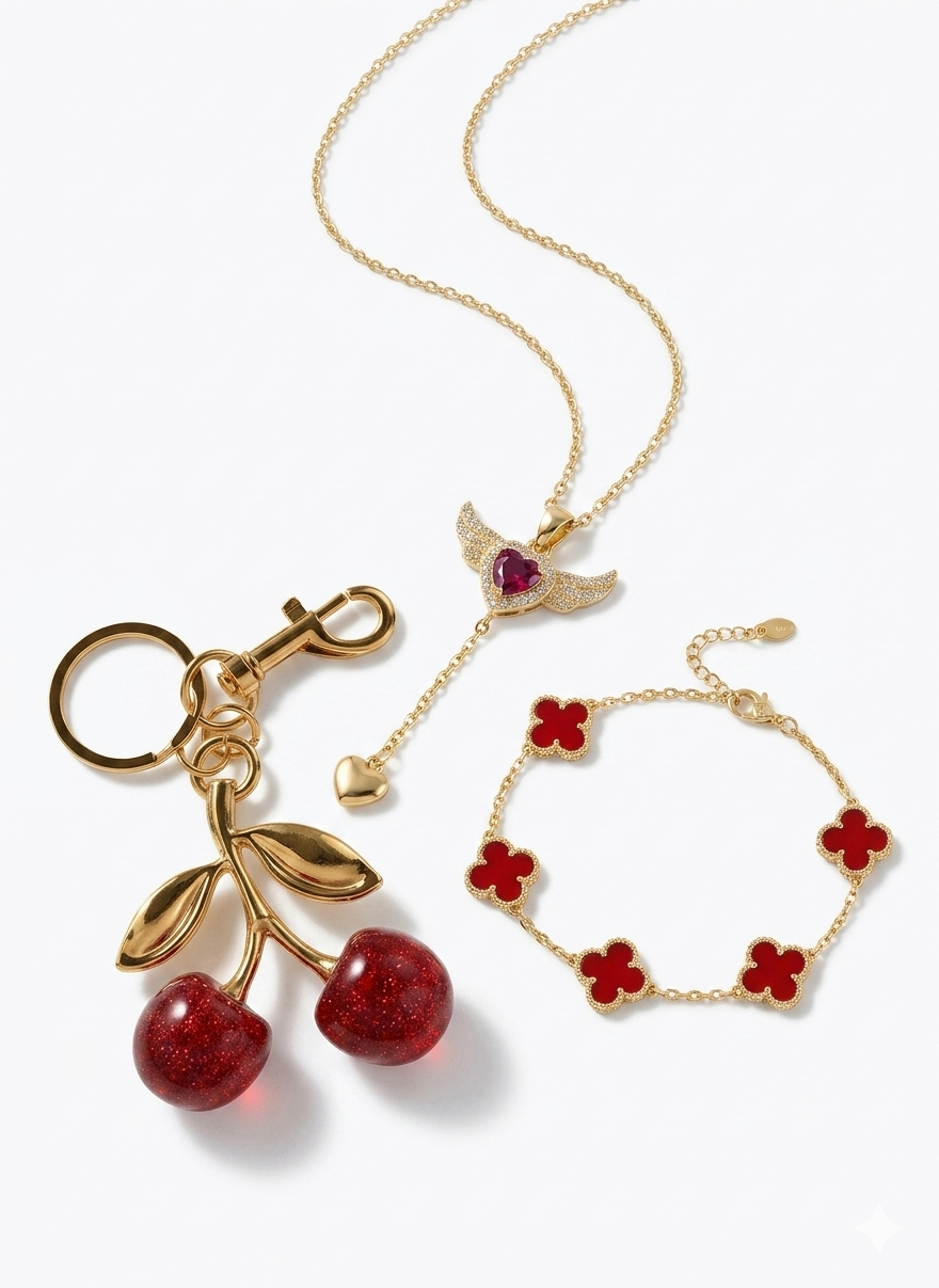 bundle ou lot comportant un collier et bracelet et un charm cerise rouge très chic et abordable pouvant être offert comme cadeau