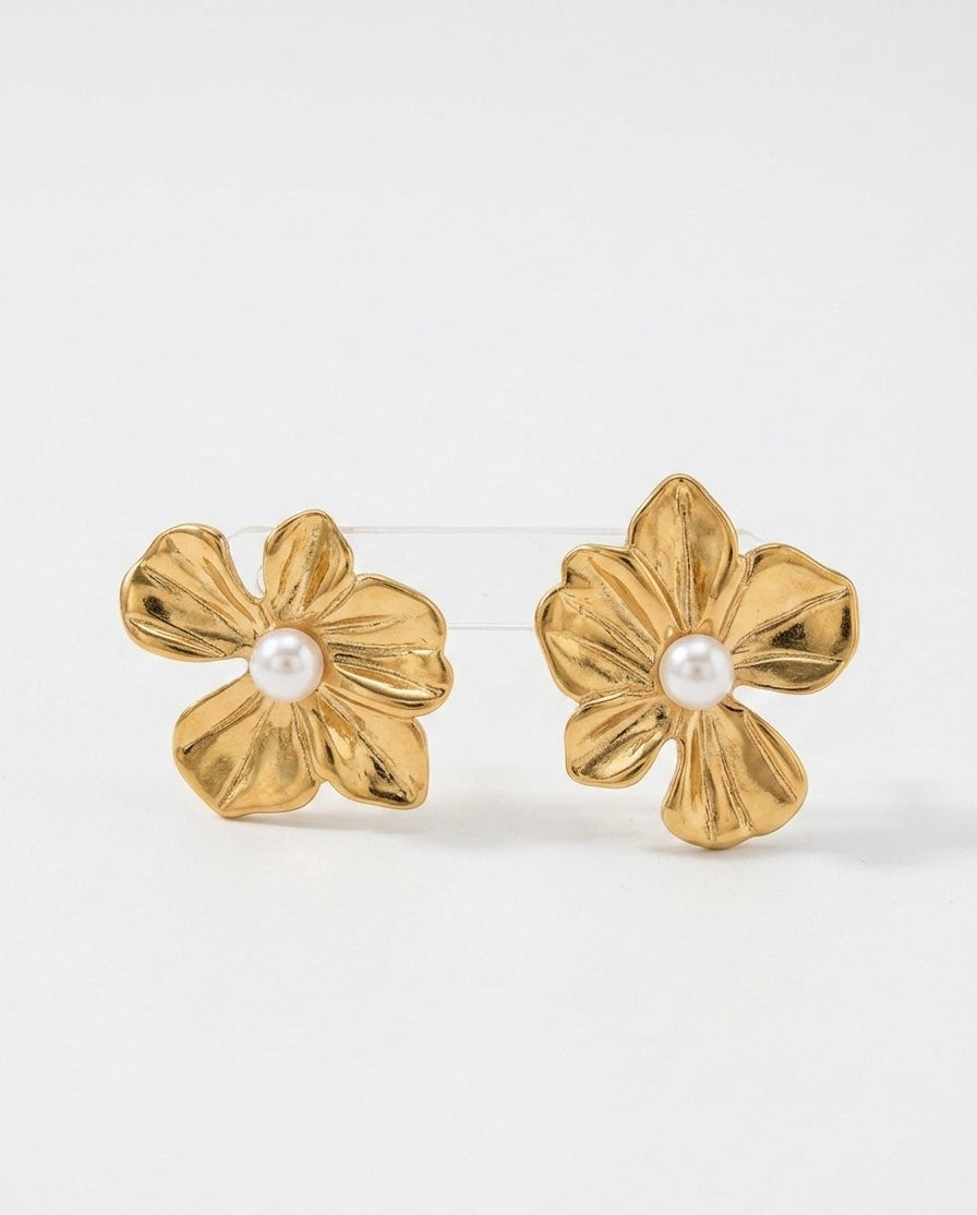 boucles d'oreilles en acier inoxydable doré en forme de fleur avec perle centrée