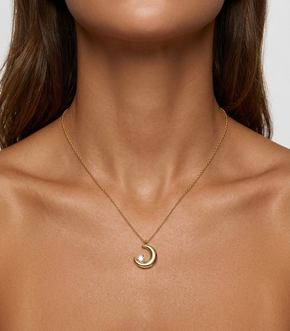 collier lune en acier inoxydable doré