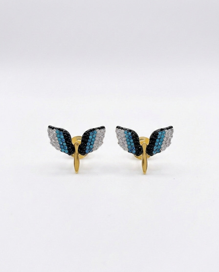 boucles d'oreilles en acier inoxydable doré avec des libellules en bleu, blanc et noir