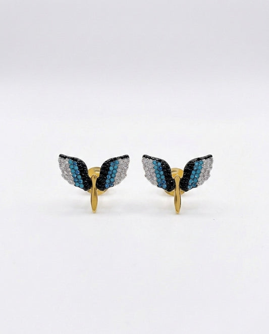 boucles d'oreilles en acier inoxydable doré avec des libellules en bleu, blanc et noir