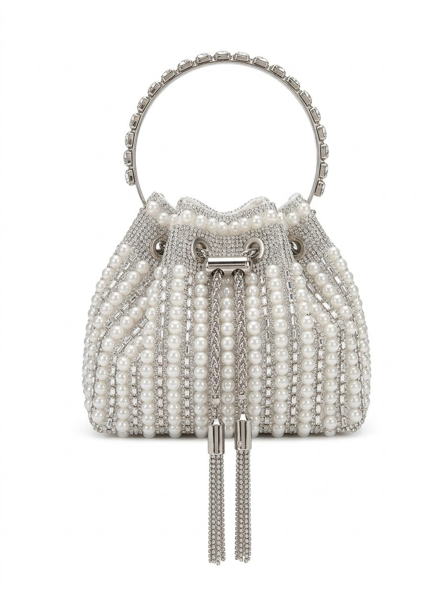 sac de soirée orné de perles et de strass scintillant au fini argenté 