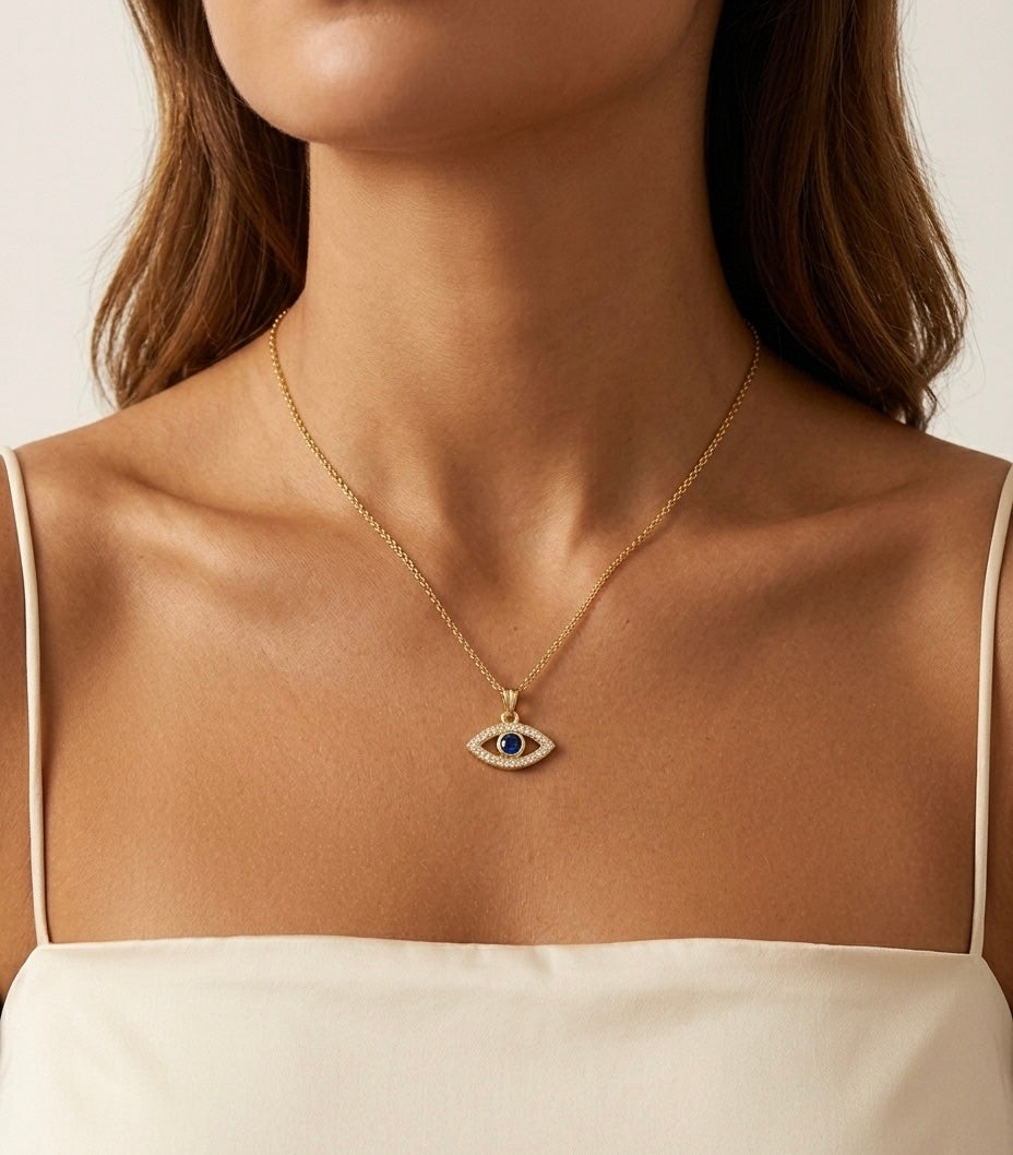 collier oeil protecteur bleu en acier inoxydable doré 